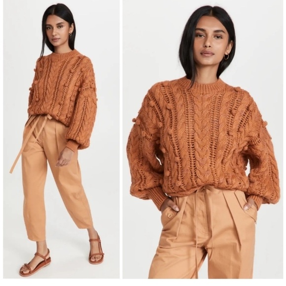 Ulla Johnson Caterina Chunky Cable Knit Pom Pom Oversized Sweater Orange XS - Picture 1 of 12
